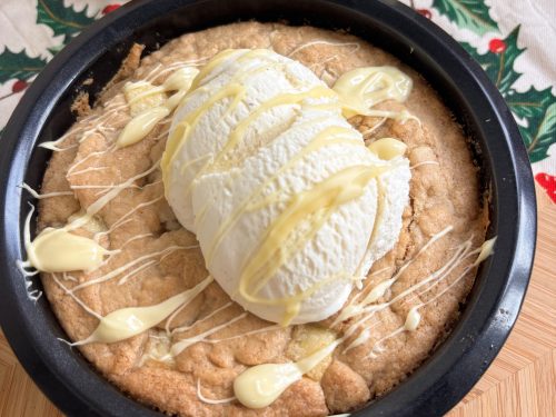 Gingerbread and White Chocolate Cookie Skillet (gluten free, dairy